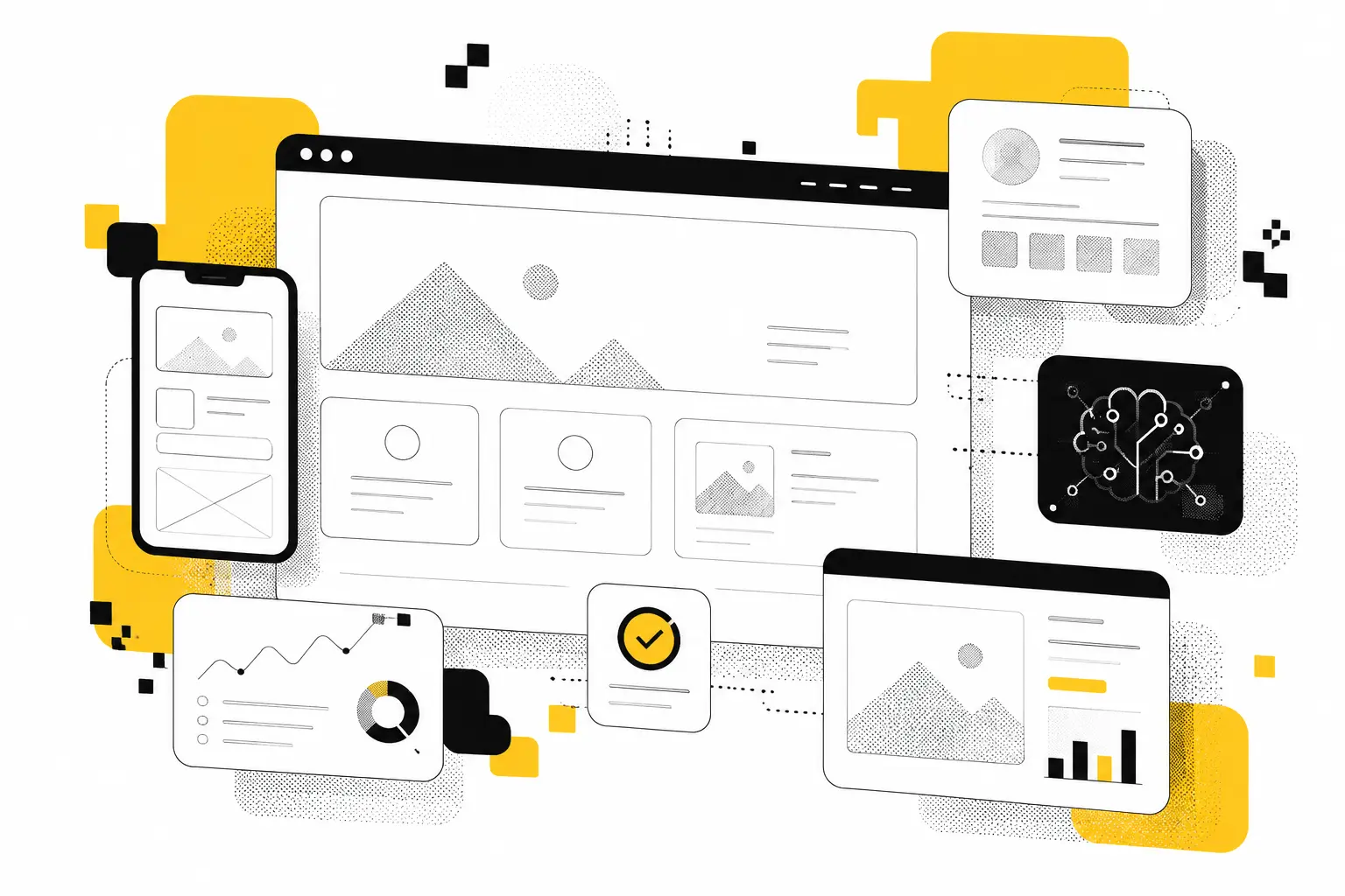 Minimal wireframe illustration with screens, cards, charts, and interface components representing web design, development, SEO, content strategy, and AI integration.
