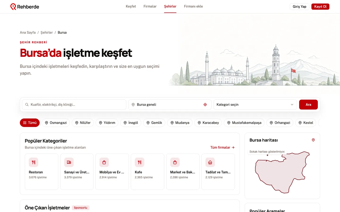 Rehberde Bursa şehir sayfası: ilçeler ve popüler kategoriler