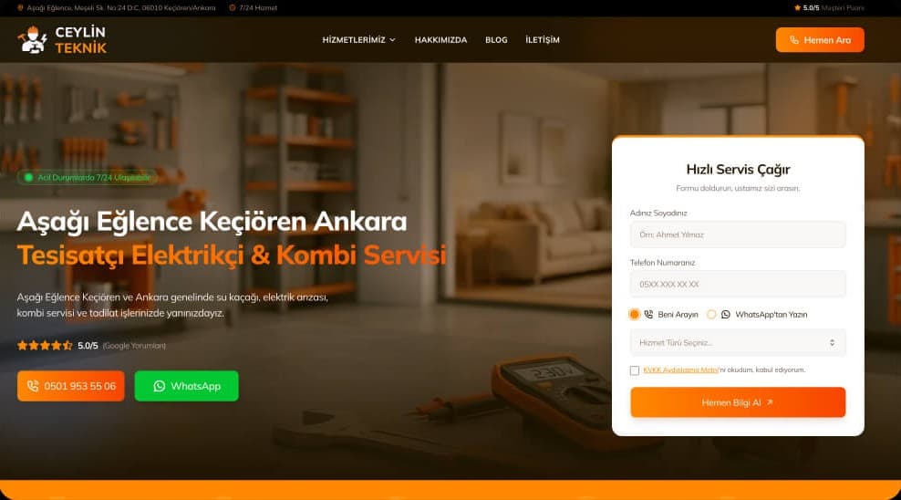 Ceylin Teknik: Local Plumbing, Electrical and Boiler Service Website for Keçiören
